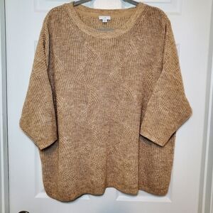 J Jill Women XLP Sweater Chunky Knit Tan Pullover 3/4 Dolman Sleeve Stretch Top